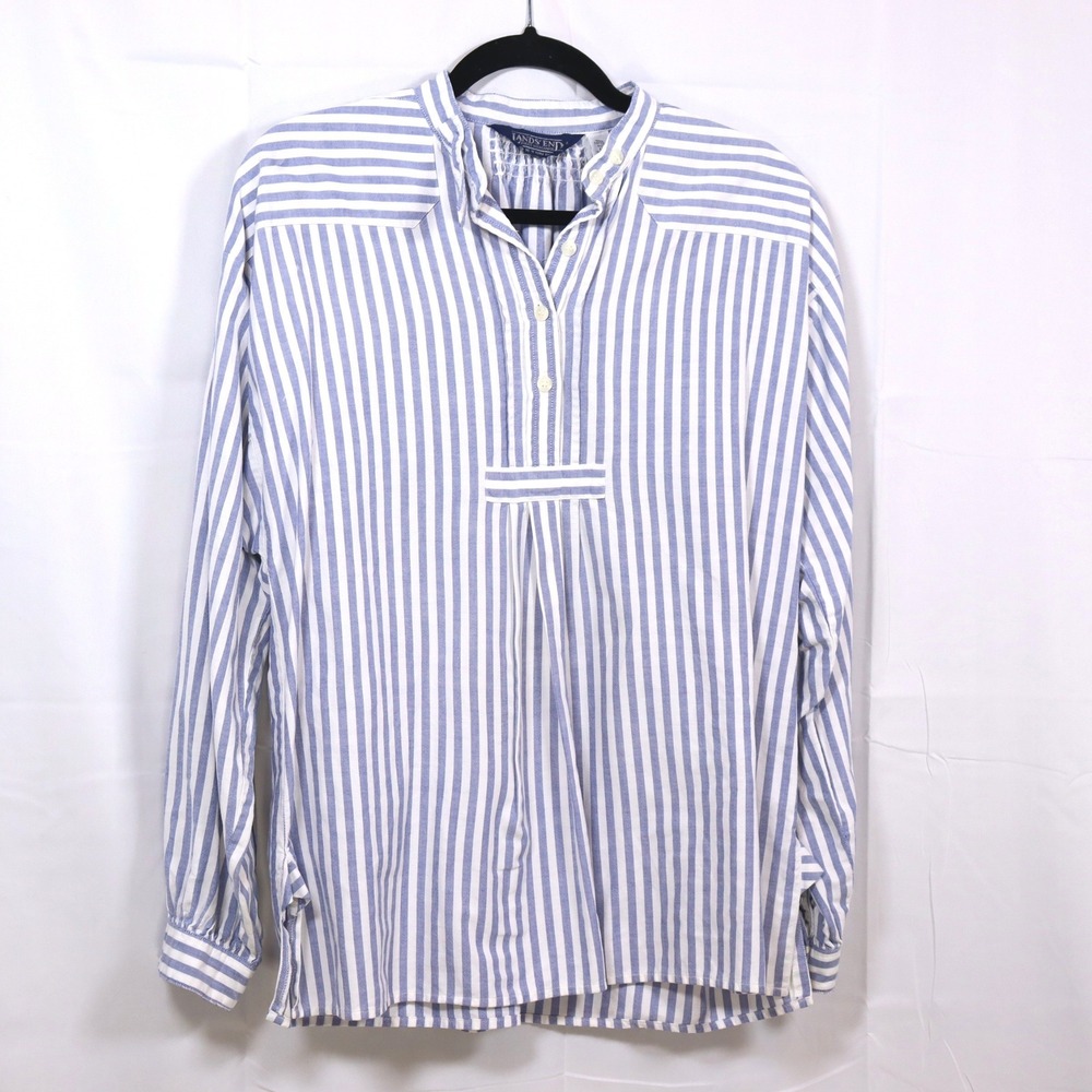 Lands End Striped Tunic 12‎ Blue Womens Henley Smocked Top